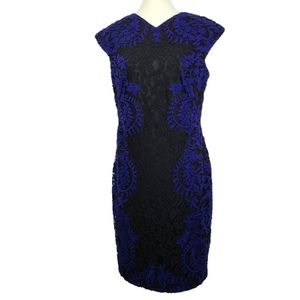 Tadashi Shoji Black Blue Lace Midi Dress Sz 10 Sheath Cap Sleeve